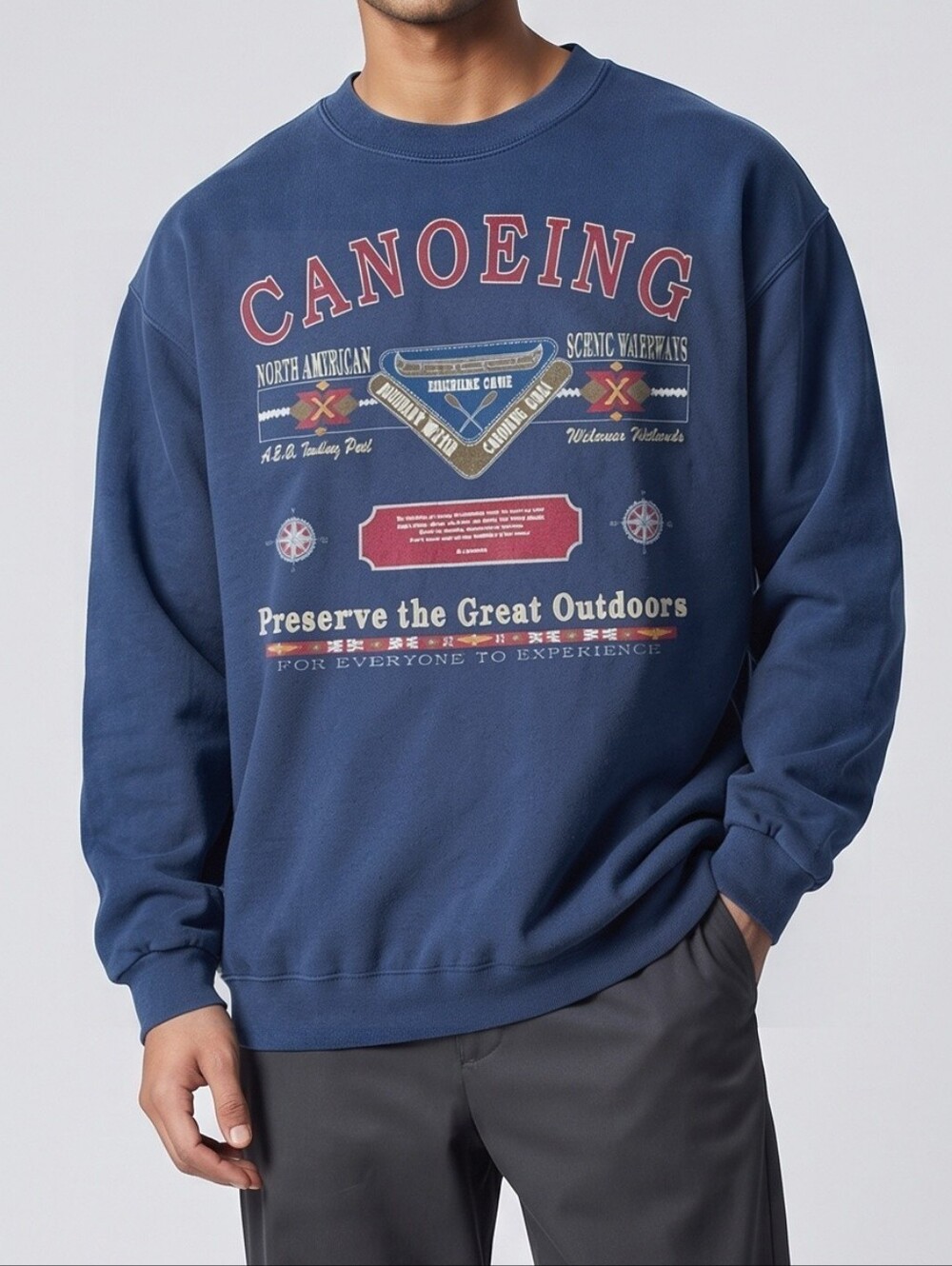 Vintage American Eagle Men's Crewneck Sweatshirt Canoeing 90s